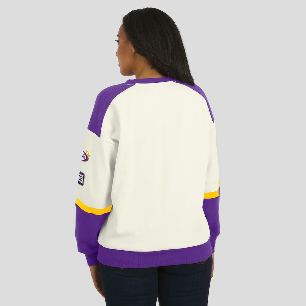 WEAR by Erin Andrews Women's Racing Crew V-Neck Sweatshirt - Minnesota Vikings