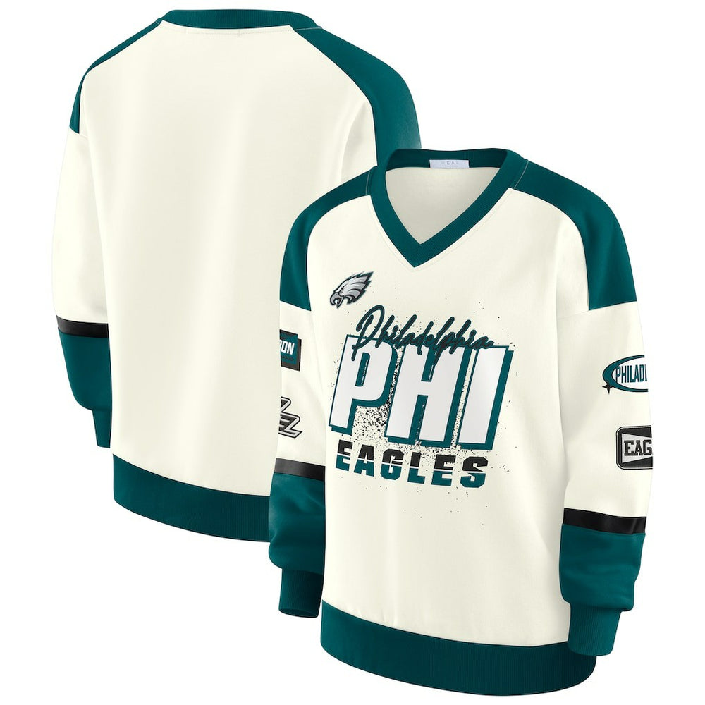 WEAR by Erin Andrews Women's Racing Crew V-Neck Sweatshirt - Philadelphia Eagles