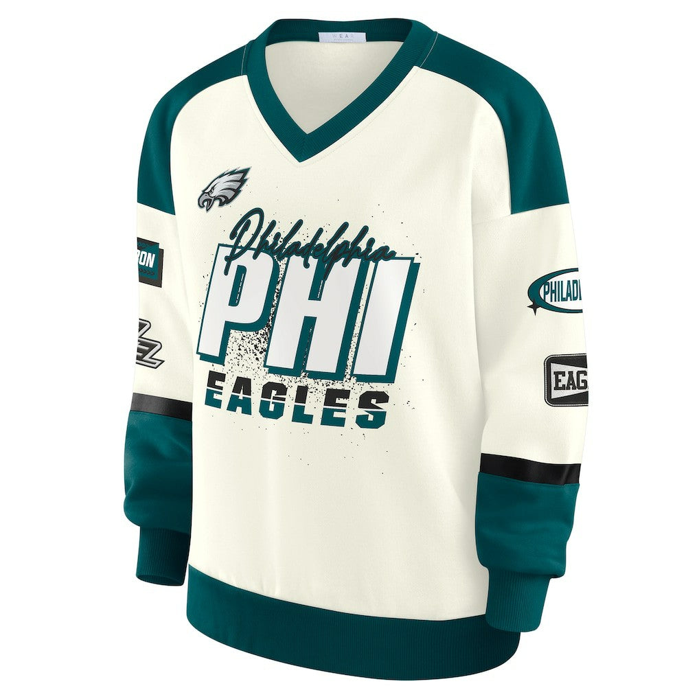 WEAR by Erin Andrews Women's Racing Crew V-Neck Sweatshirt - Philadelphia Eagles