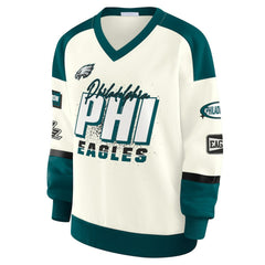 WEAR by Erin Andrews Women's Racing Crew V-Neck Sweatshirt - Philadelphia Eagles