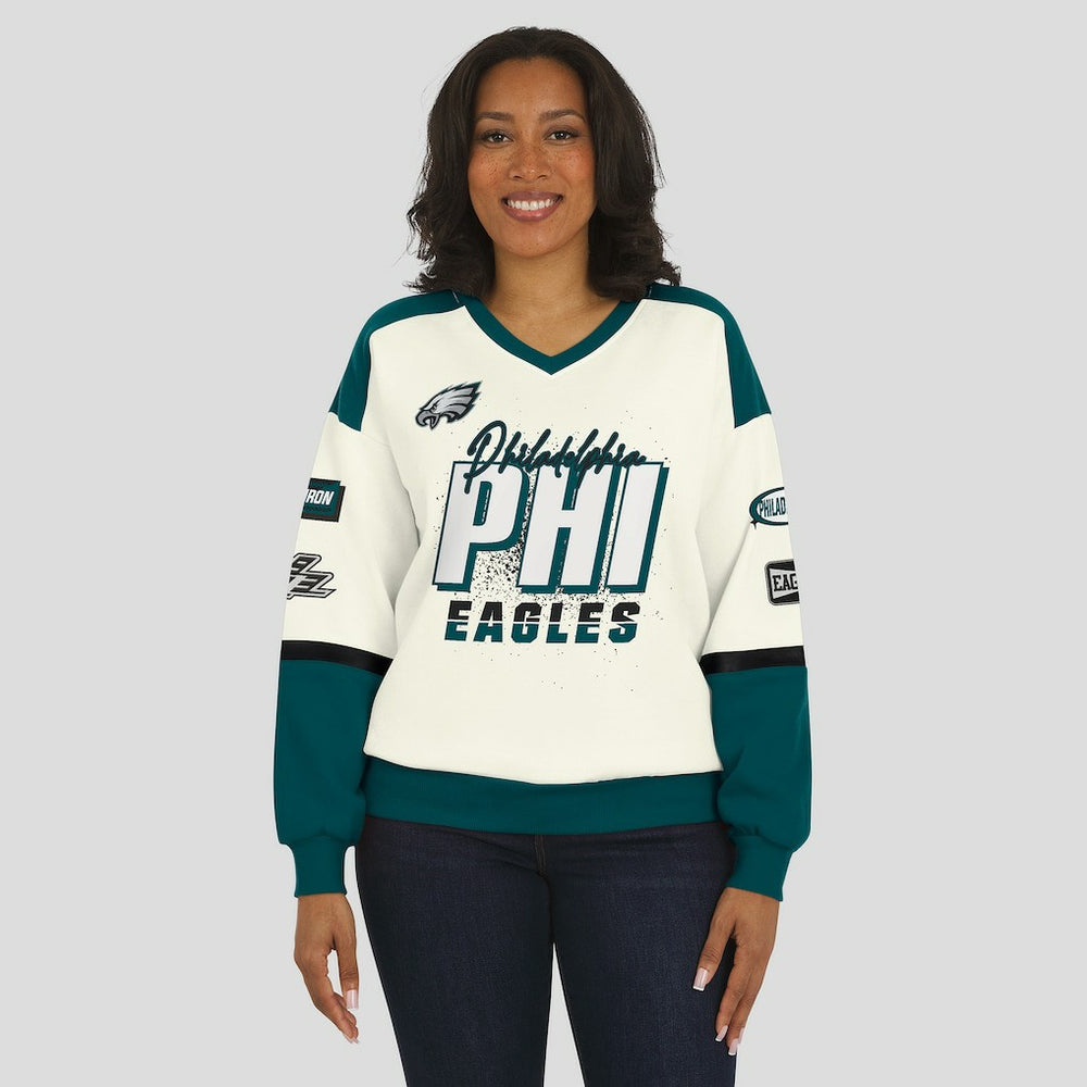 WEAR by Erin Andrews Women's Racing Crew V-Neck Sweatshirt - Philadelphia Eagles