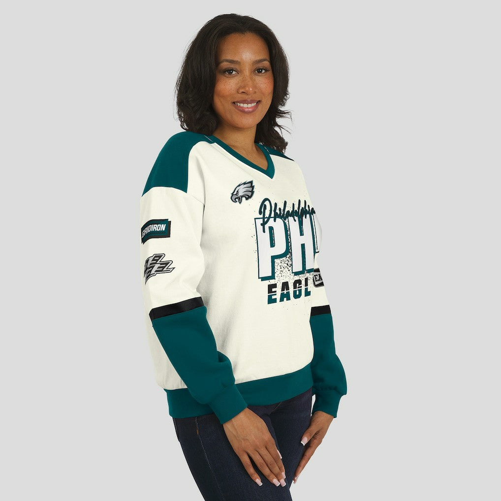 WEAR by Erin Andrews Women's Racing Crew V-Neck Sweatshirt - Philadelphia Eagles
