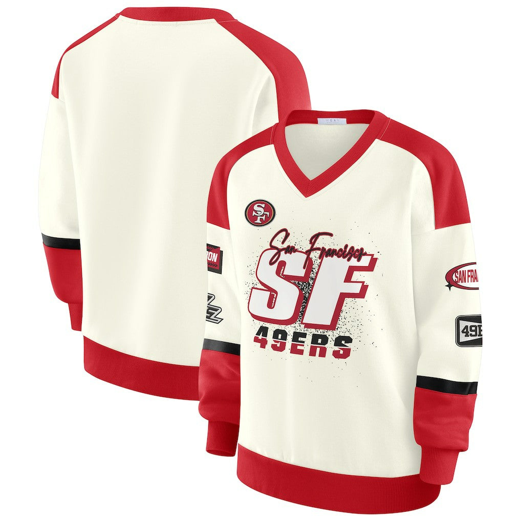 WEAR by Erin Andrews Women's Racing Crew V-Neck Sweatshirt - San Francisco 49ers