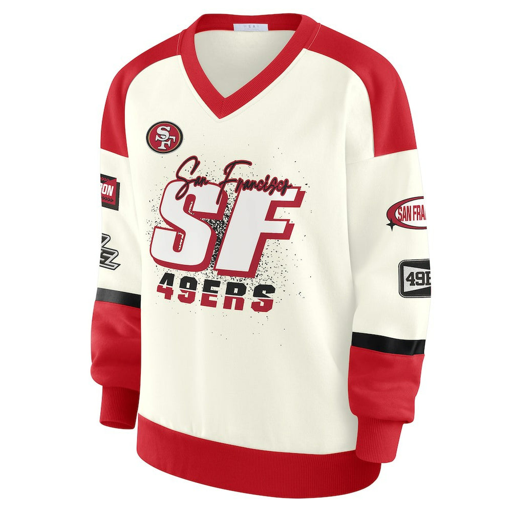 WEAR by Erin Andrews Women's Racing Crew V-Neck Sweatshirt - San Francisco 49ers