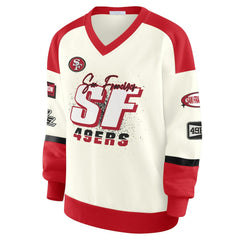 WEAR by Erin Andrews Women's Racing Crew V-Neck Sweatshirt - San Francisco 49ers
