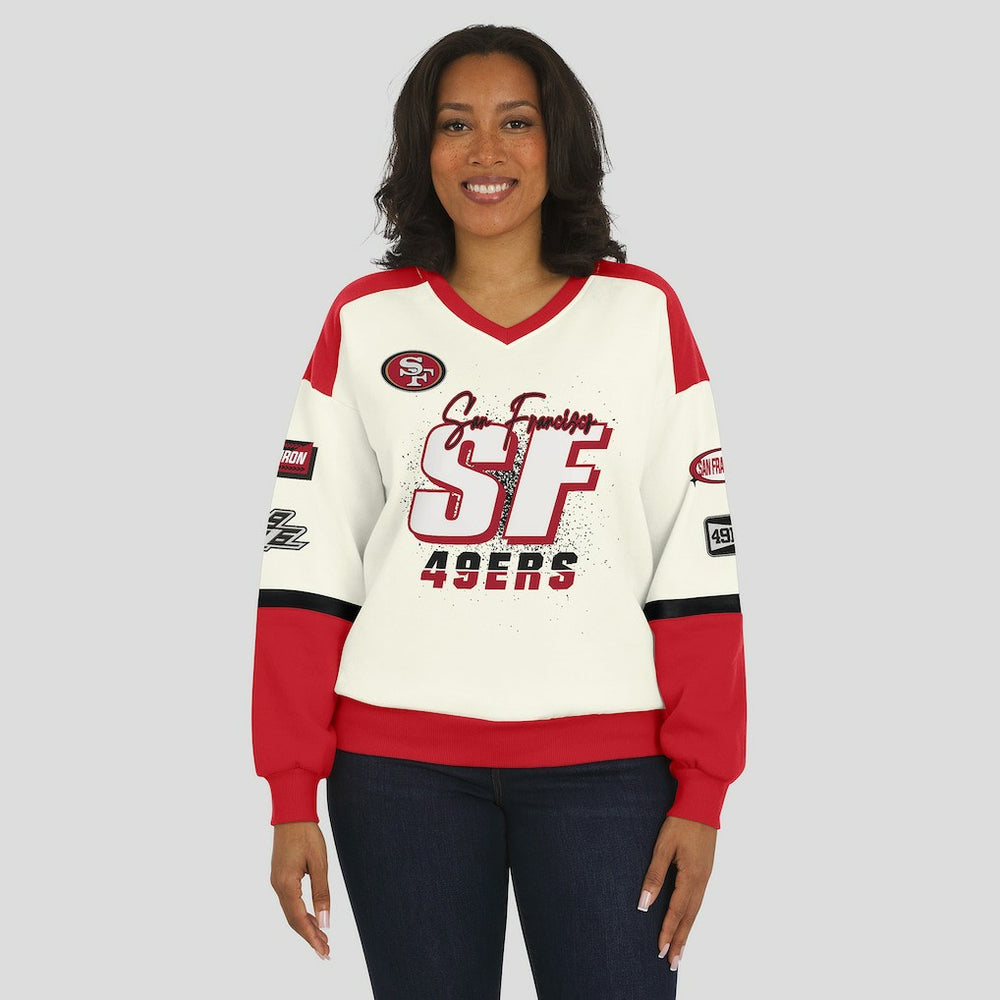 WEAR by Erin Andrews Women's Racing Crew V-Neck Sweatshirt - San Francisco 49ers