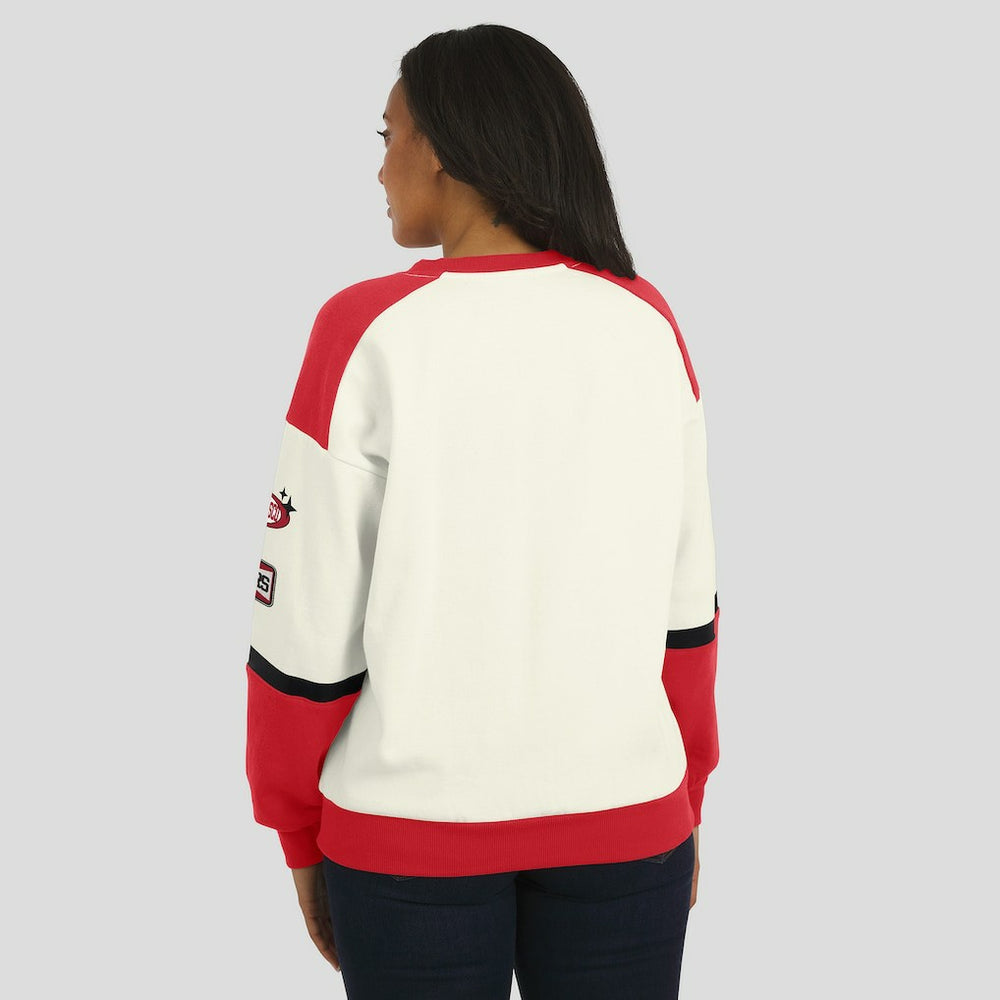 WEAR by Erin Andrews Women's Racing Crew V-Neck Sweatshirt - San Francisco 49ers