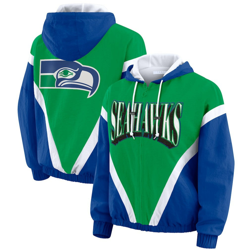 WEAR by Erin Andrews Women's Plus Size Retro Crinkle Full-Zip Hoodie Windbreaker Jacket - Seattle Seahawks