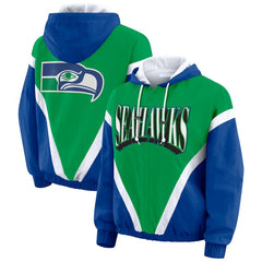 WEAR by Erin Andrews Women's Plus Size Retro Crinkle Full-Zip Hoodie Windbreaker Jacket - Seattle Seahawks