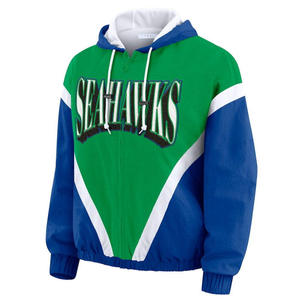 WEAR by Erin Andrews Women's Plus Size Retro Crinkle Full-Zip Hoodie Windbreaker Jacket - Seattle Seahawks