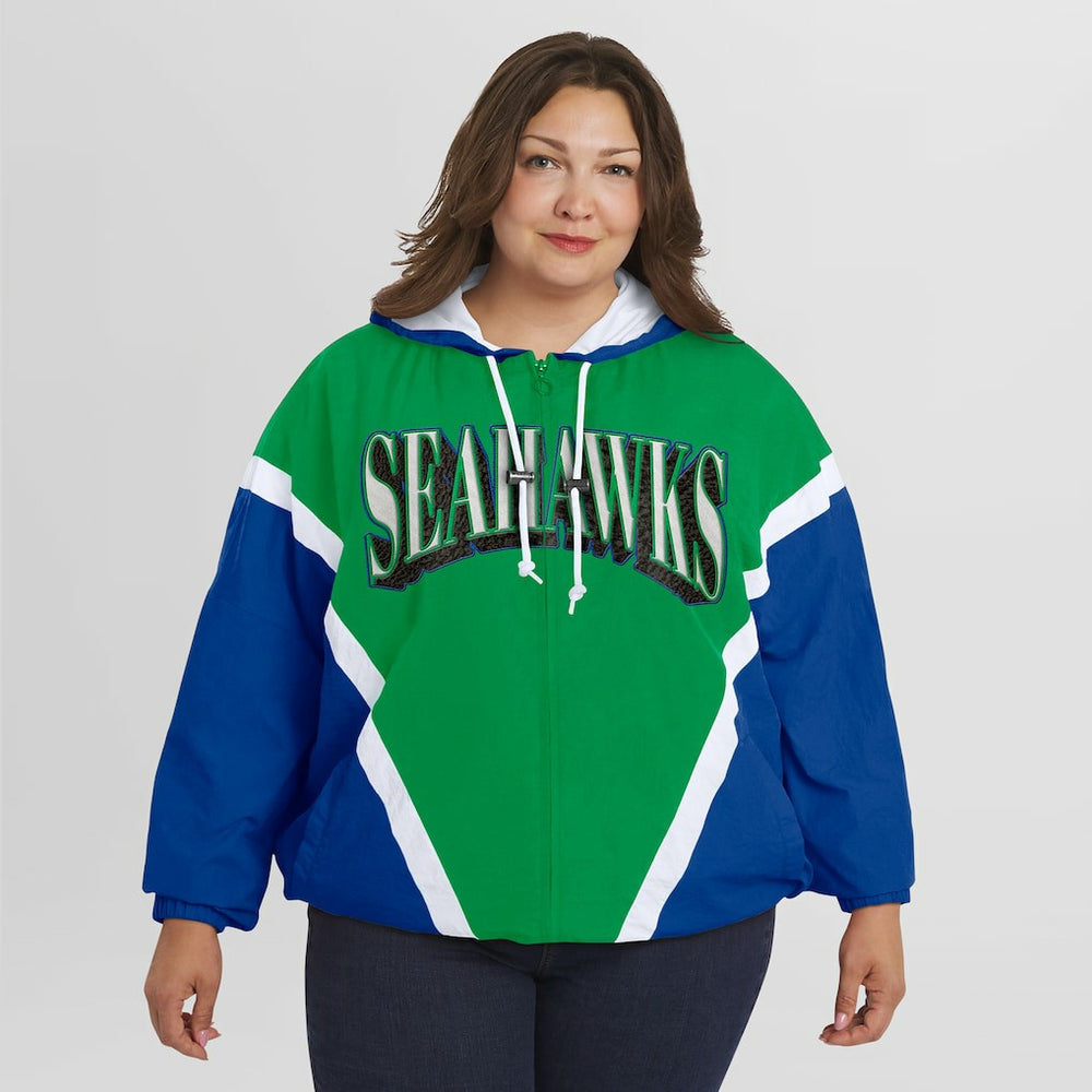 WEAR by Erin Andrews Women's Plus Size Retro Crinkle Full-Zip Hoodie Windbreaker Jacket - Seattle Seahawks