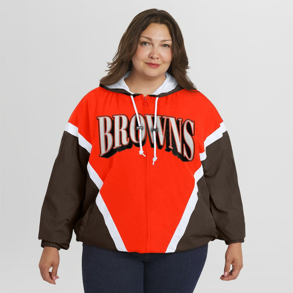 WEAR by Erin Andrews Women's Plus Size Retro Crinkle Full-Zip Hoodie Windbreaker Jacket - Cleveland Browns