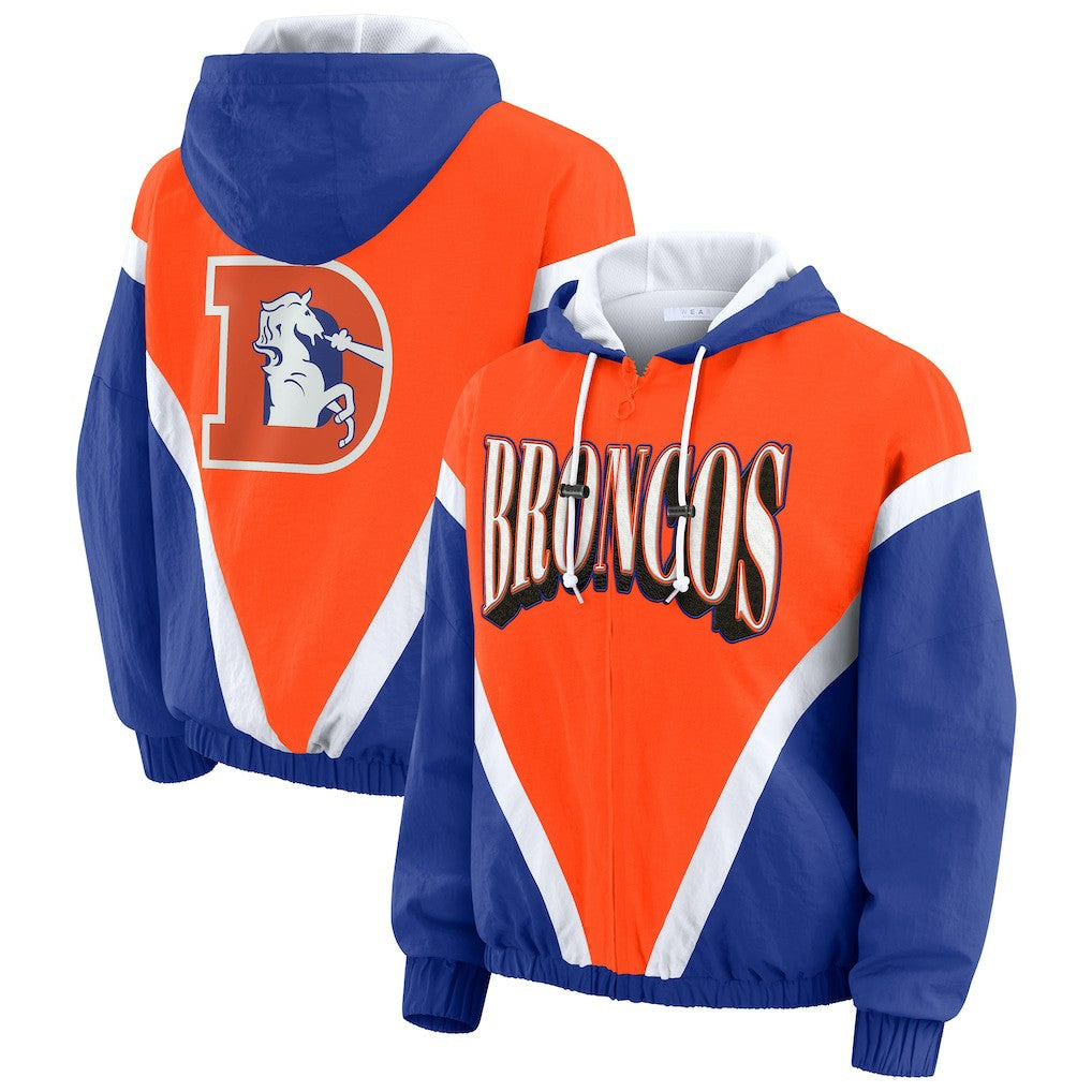 WEAR by Erin Andrews Women's Plus Size Retro Crinkle Full-Zip Hoodie Windbreaker Jacket - Denver Broncos