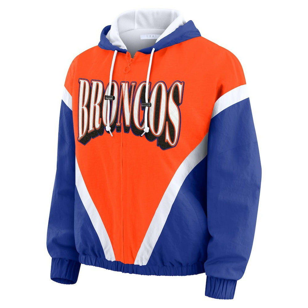 WEAR by Erin Andrews Women's Plus Size Retro Crinkle Full-Zip Hoodie Windbreaker Jacket - Denver Broncos