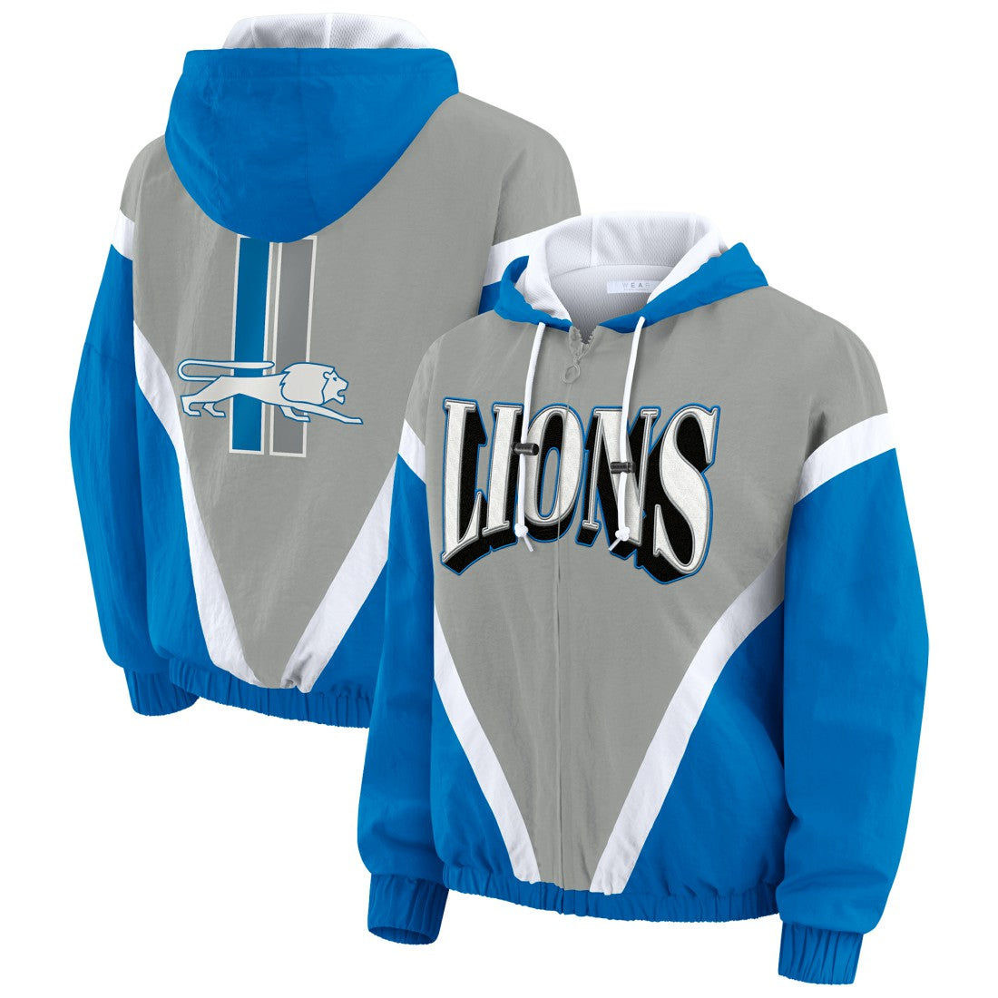 WEAR by Erin Andrews Women's Plus Size Retro Crinkle Full-Zip Hoodie Windbreaker Jacket - Detroit Lions