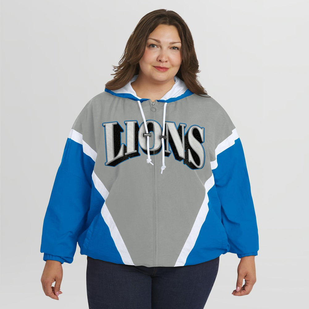 WEAR by Erin Andrews Women's Plus Size Retro Crinkle Full-Zip Hoodie Windbreaker Jacket - Detroit Lions