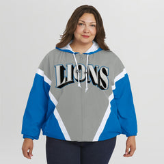 WEAR by Erin Andrews Women's Plus Size Retro Crinkle Full-Zip Hoodie Windbreaker Jacket - Detroit Lions