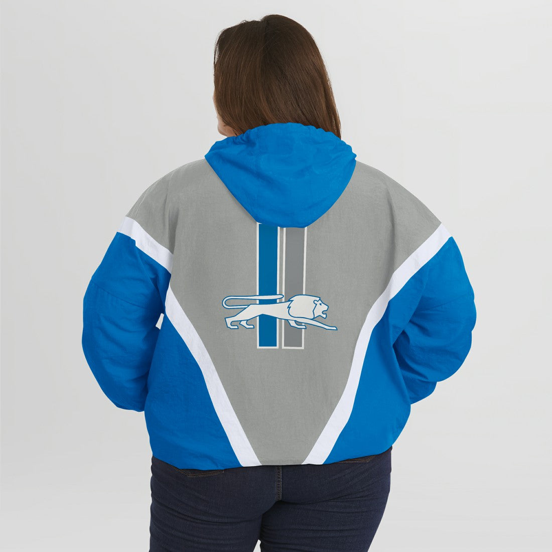 WEAR by Erin Andrews Women's Plus Size Retro Crinkle Full-Zip Hoodie Windbreaker Jacket - Detroit Lions