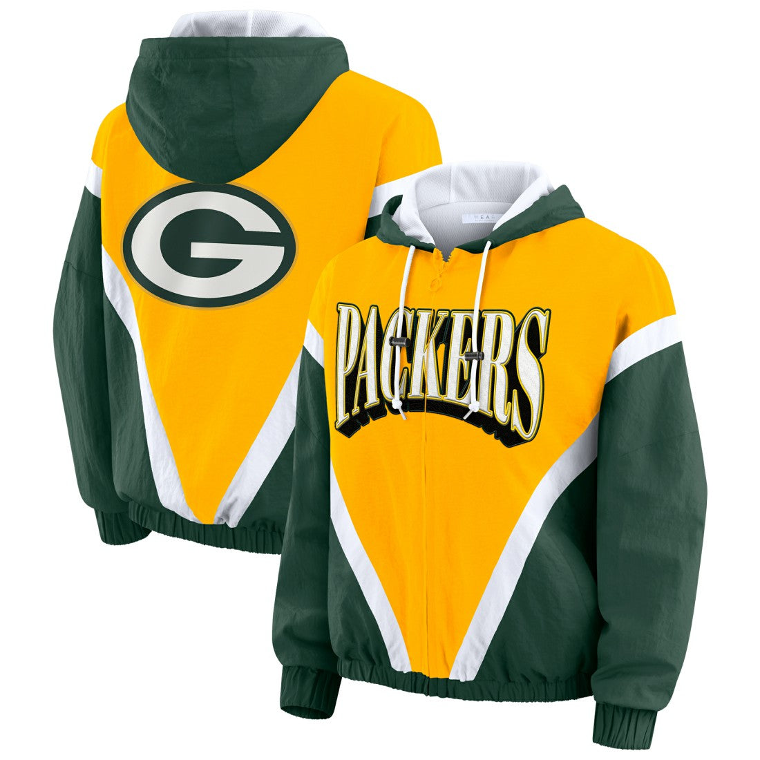 WEAR by Erin Andrews Women's Plus Size Retro Crinkle Full-Zip Hoodie Windbreaker Jacket - Green Bay Packers