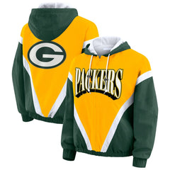WEAR by Erin Andrews Women's Plus Size Retro Crinkle Full-Zip Hoodie Windbreaker Jacket - Green Bay Packers