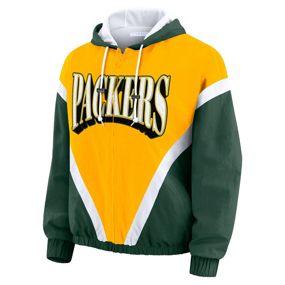 WEAR by Erin Andrews Women's Plus Size Retro Crinkle Full-Zip Hoodie Windbreaker Jacket - Green Bay Packers