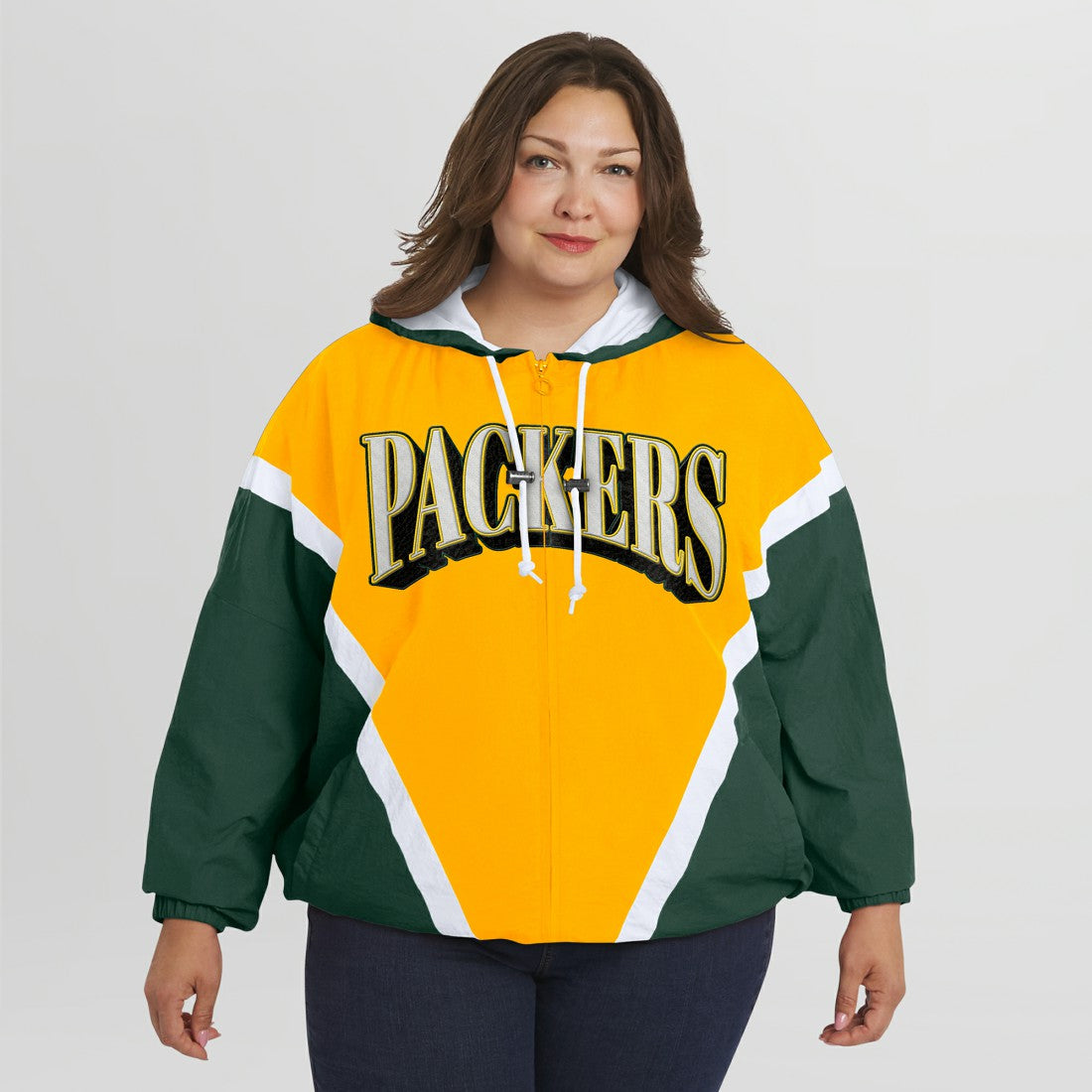 WEAR by Erin Andrews Women's Plus Size Retro Crinkle Full-Zip Hoodie Windbreaker Jacket - Green Bay Packers