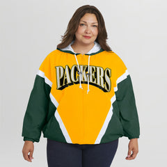 WEAR by Erin Andrews Women's Plus Size Retro Crinkle Full-Zip Hoodie Windbreaker Jacket - Green Bay Packers