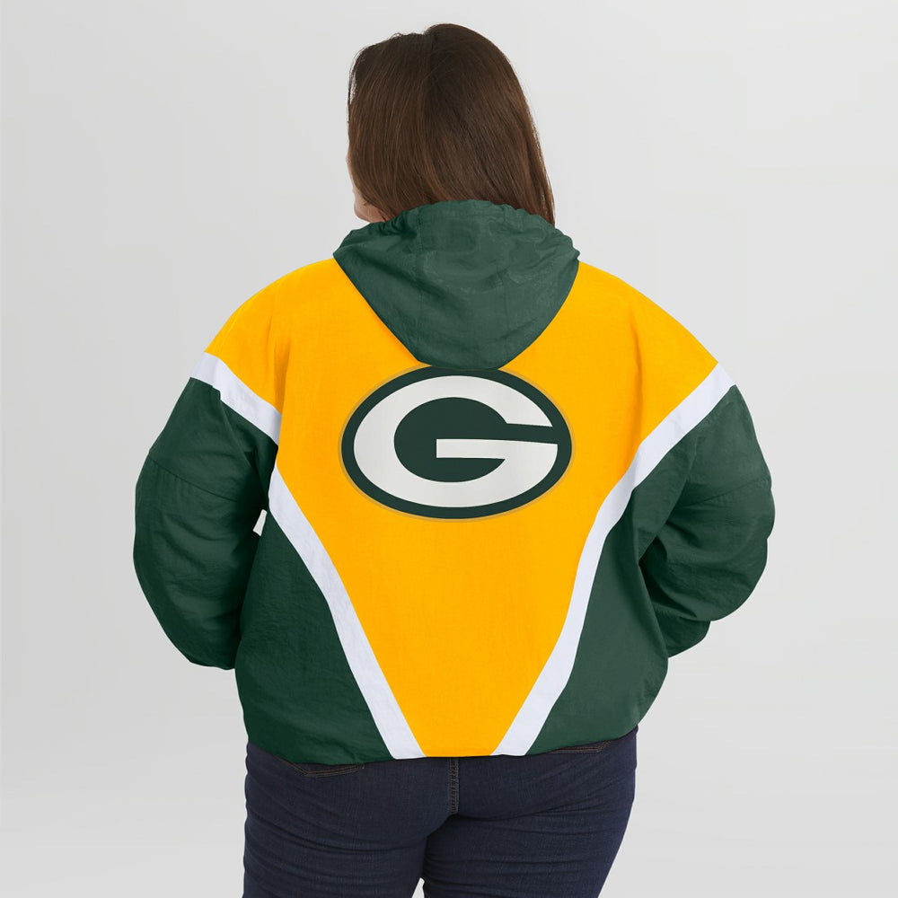 WEAR by Erin Andrews Women's Plus Size Retro Crinkle Full-Zip Hoodie Windbreaker Jacket - Green Bay Packers