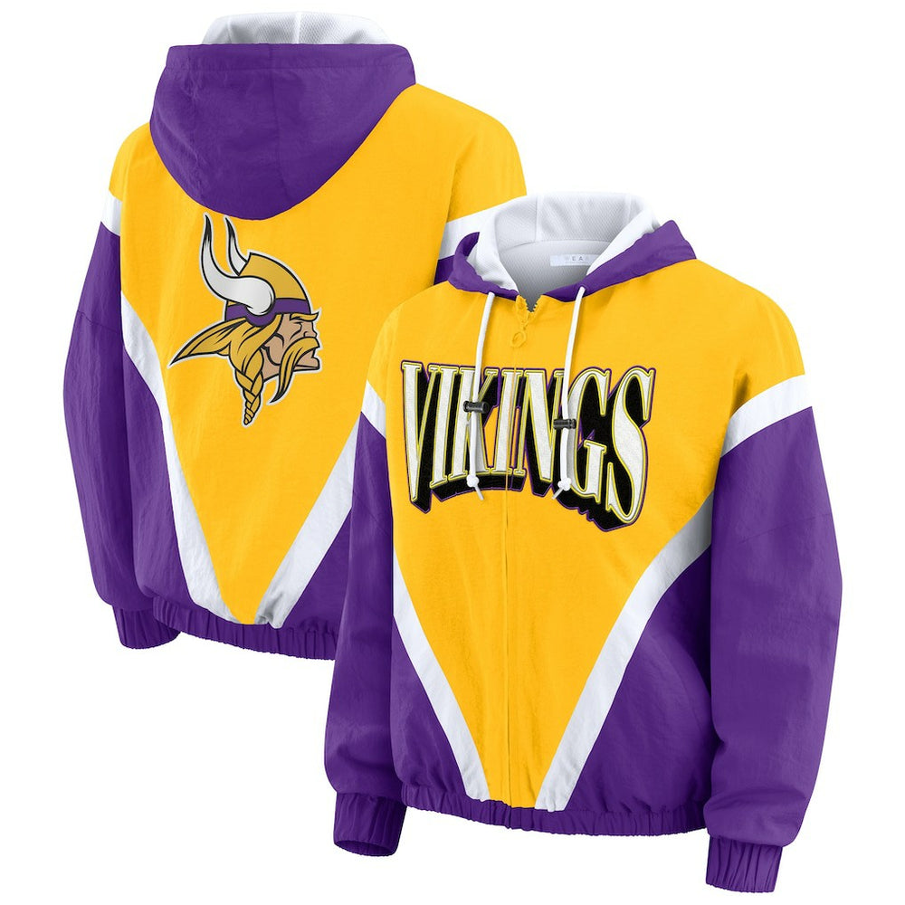 WEAR by Erin Andrews Women's Plus Size Retro Crinkle Full-Zip Hoodie Windbreaker Jacket - Minnesota Vikings