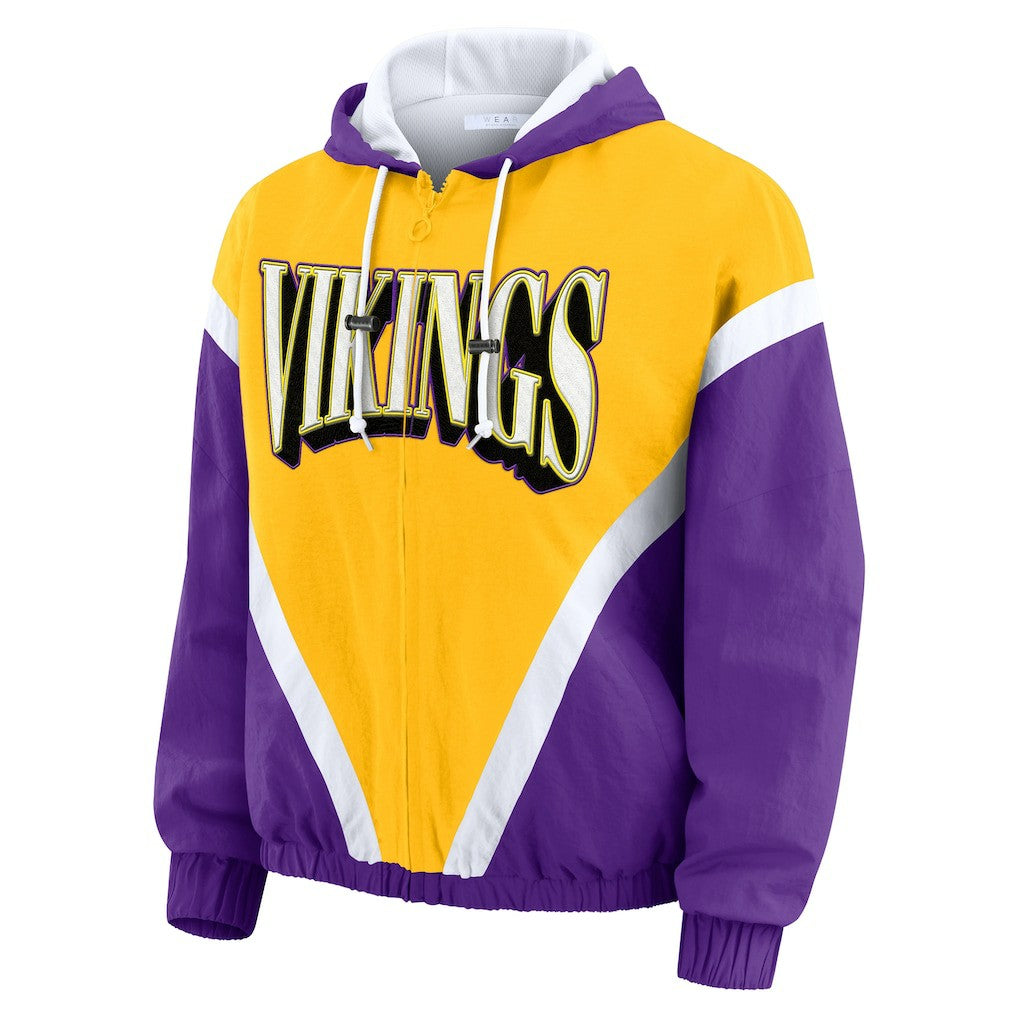 WEAR by Erin Andrews Women's Plus Size Retro Crinkle Full-Zip Hoodie Windbreaker Jacket - Minnesota Vikings
