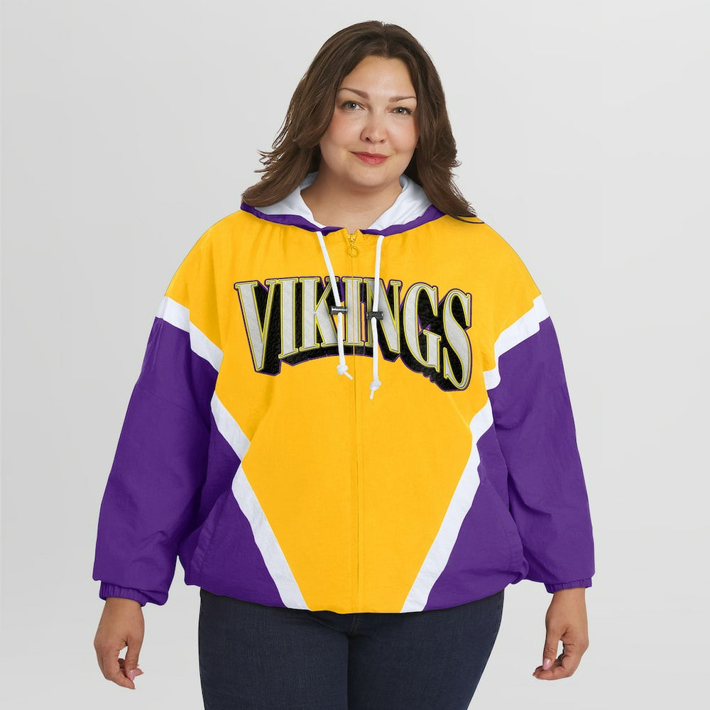 WEAR by Erin Andrews Women's Plus Size Retro Crinkle Full-Zip Hoodie Windbreaker Jacket - Minnesota Vikings