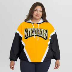 WEAR by Erin Andrews Women's Plus Size Retro Crinkle Full-Zip Hoodie Windbreaker Jacket - Pittsburgh Steelers