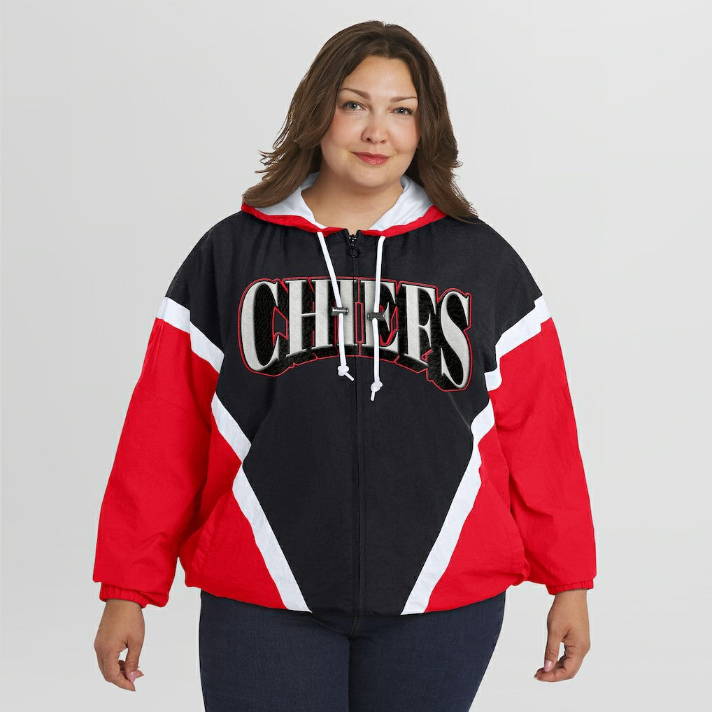 WEAR by Erin Andrews Women's Plus Size Retro Crinkle Full-Zip Hoodie Windbreaker Jacket - Kansas City Chiefs