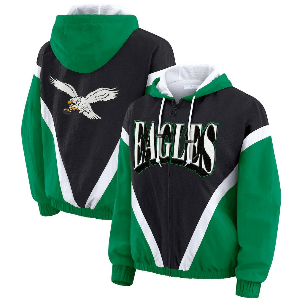 WEAR by Erin Andrews Women's Plus Size Retro Crinkle Full-Zip Hoodie Windbreaker Jacket - Philadelphia Eagles