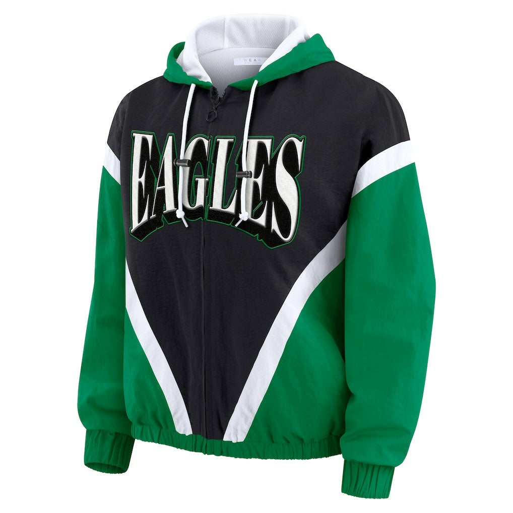 WEAR by Erin Andrews Women's Plus Size Retro Crinkle Full-Zip Hoodie Windbreaker Jacket - Philadelphia Eagles