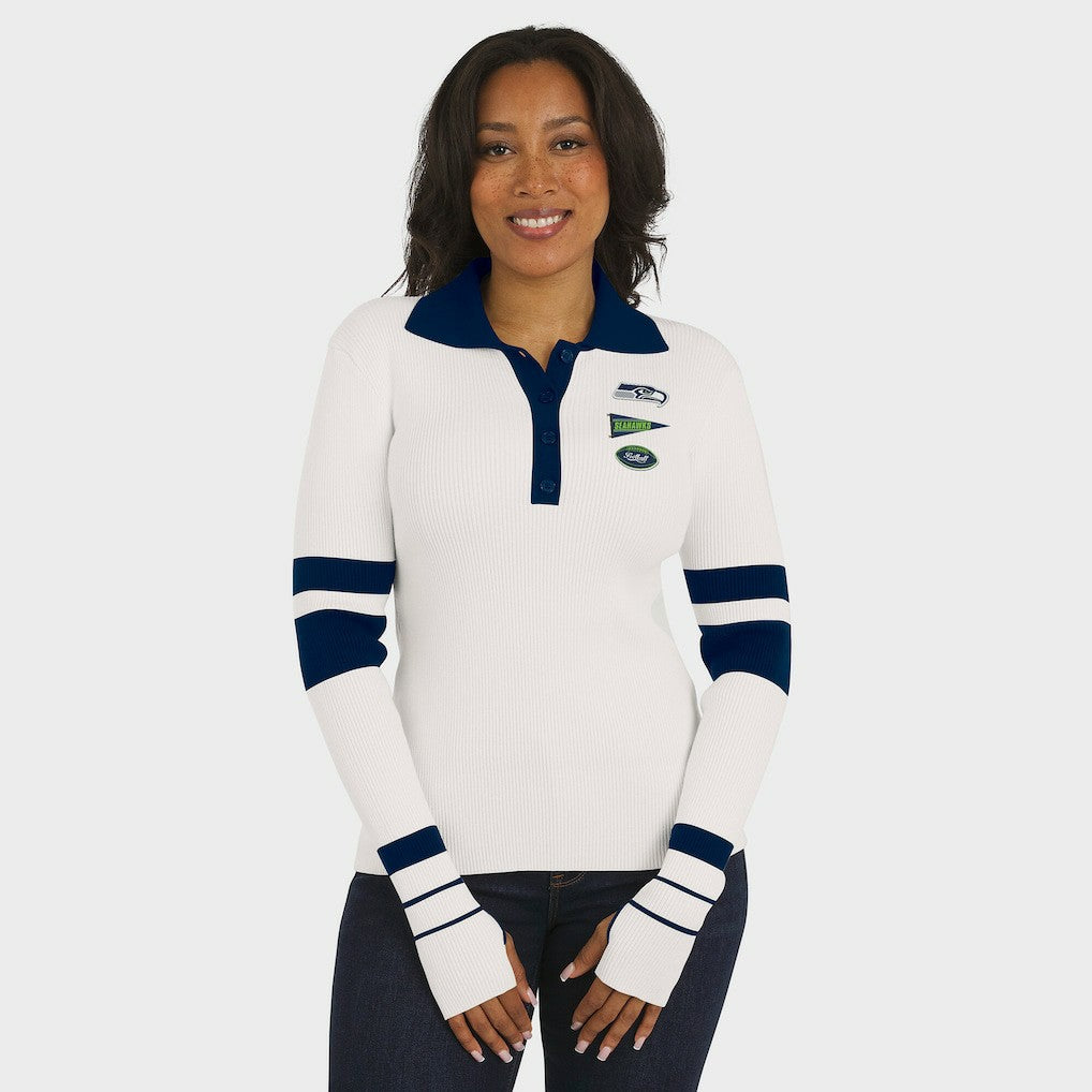 WEAR by Erin Andrews Women's Ribbed Henley Polo Sweater - Seattle Seahawks
