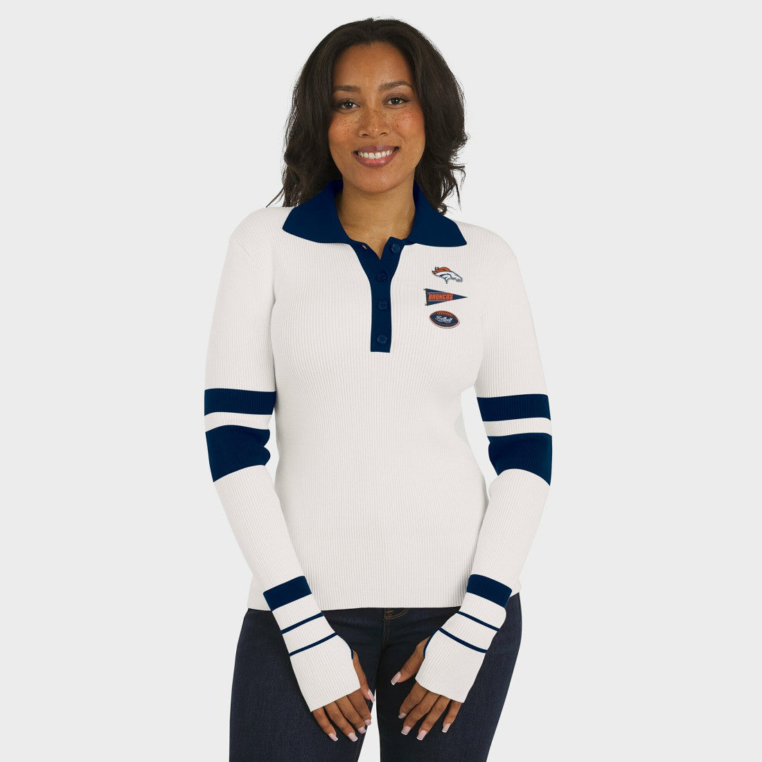 WEAR by Erin Andrews Women's Ribbed Henley Polo Sweater - Denver Broncos