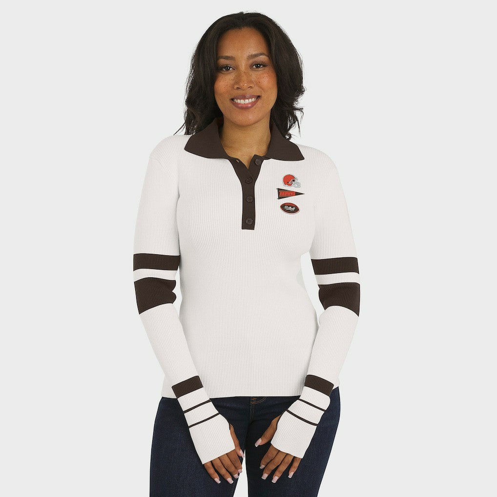 WEAR by Erin Andrews Women's Ribbed Henley Polo Sweater - Cleveland Browns