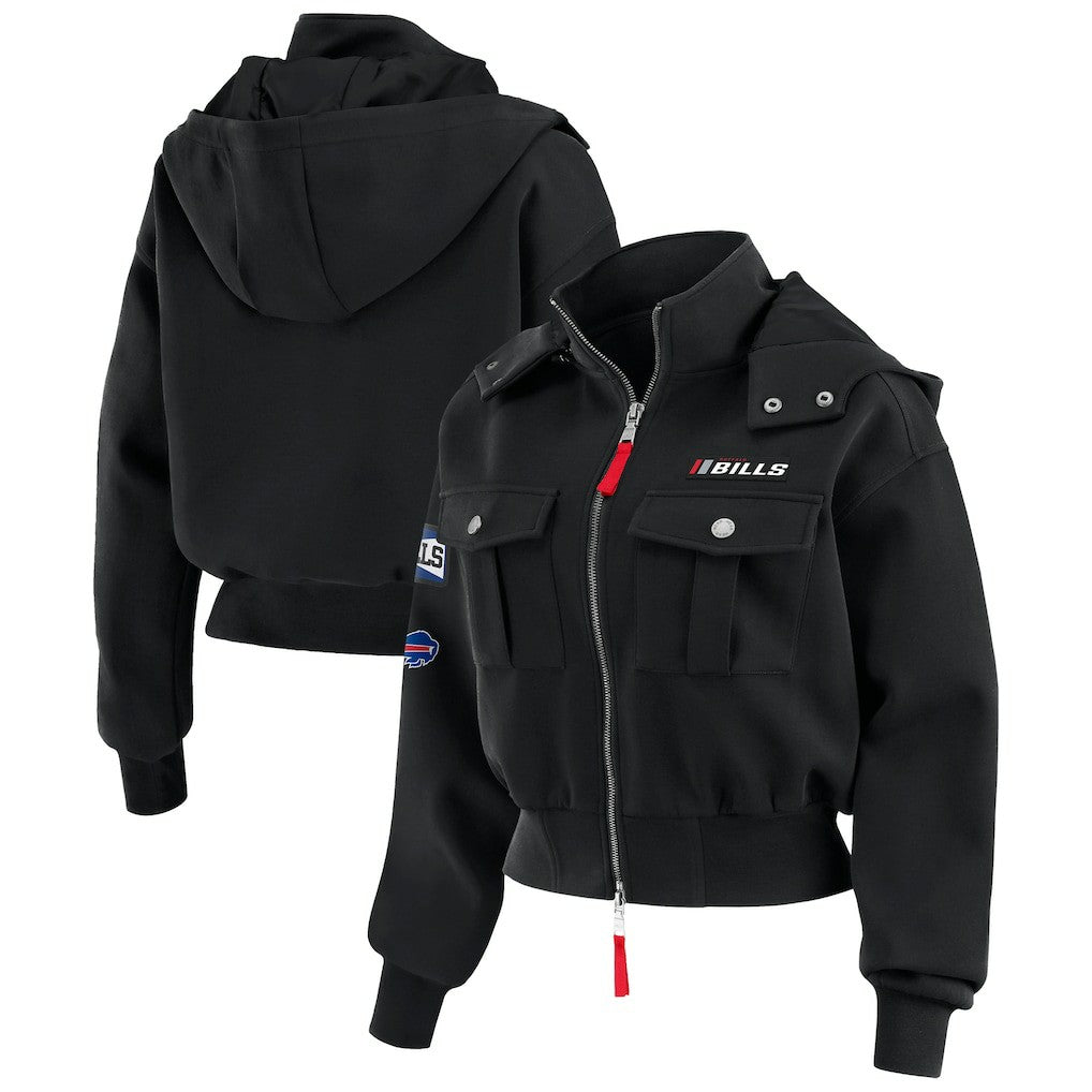 WEAR by Erin Andrews Women's Tri-Blend Patch Pocket Cropped Full-Zip Bomber Hoodie Jacket - Buffalo Bills