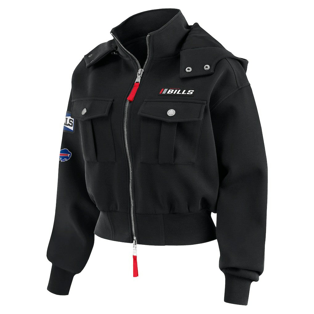 WEAR by Erin Andrews Women's Tri-Blend Patch Pocket Cropped Full-Zip Bomber Hoodie Jacket - Buffalo Bills