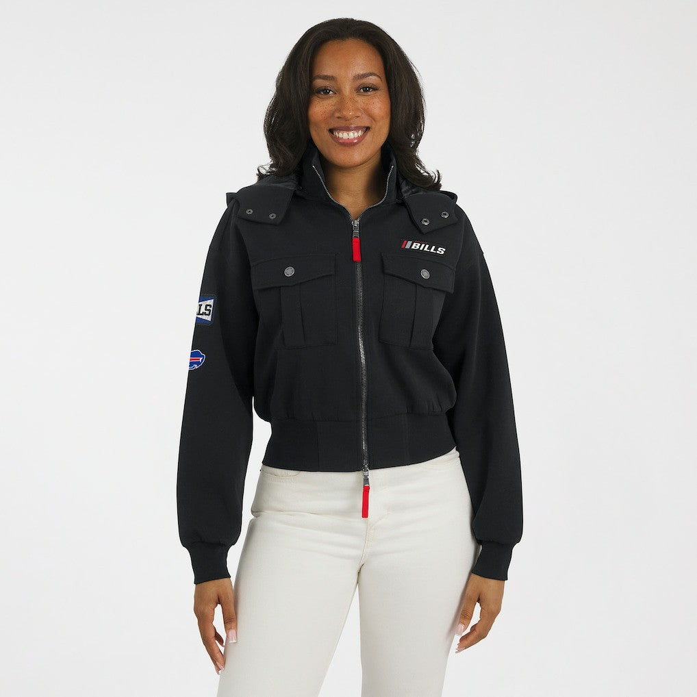WEAR by Erin Andrews Women's Tri-Blend Patch Pocket Cropped Full-Zip Bomber Hoodie Jacket - Buffalo Bills
