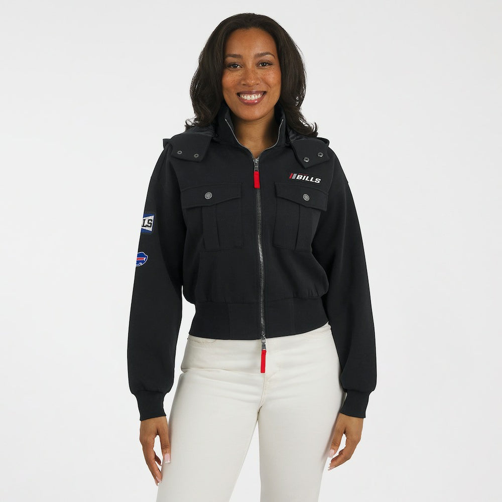 WEAR by Erin Andrews Women's Tri-Blend Patch Pocket Cropped Full-Zip Bomber Hoodie Jacket - Buffalo Bills