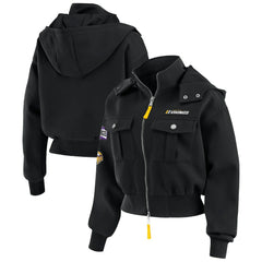 WEAR by Erin Andrews Women's Tri-Blend Patch Pocket Cropped Full-Zip Bomber Hoodie Jacket - Minnesota Vikings