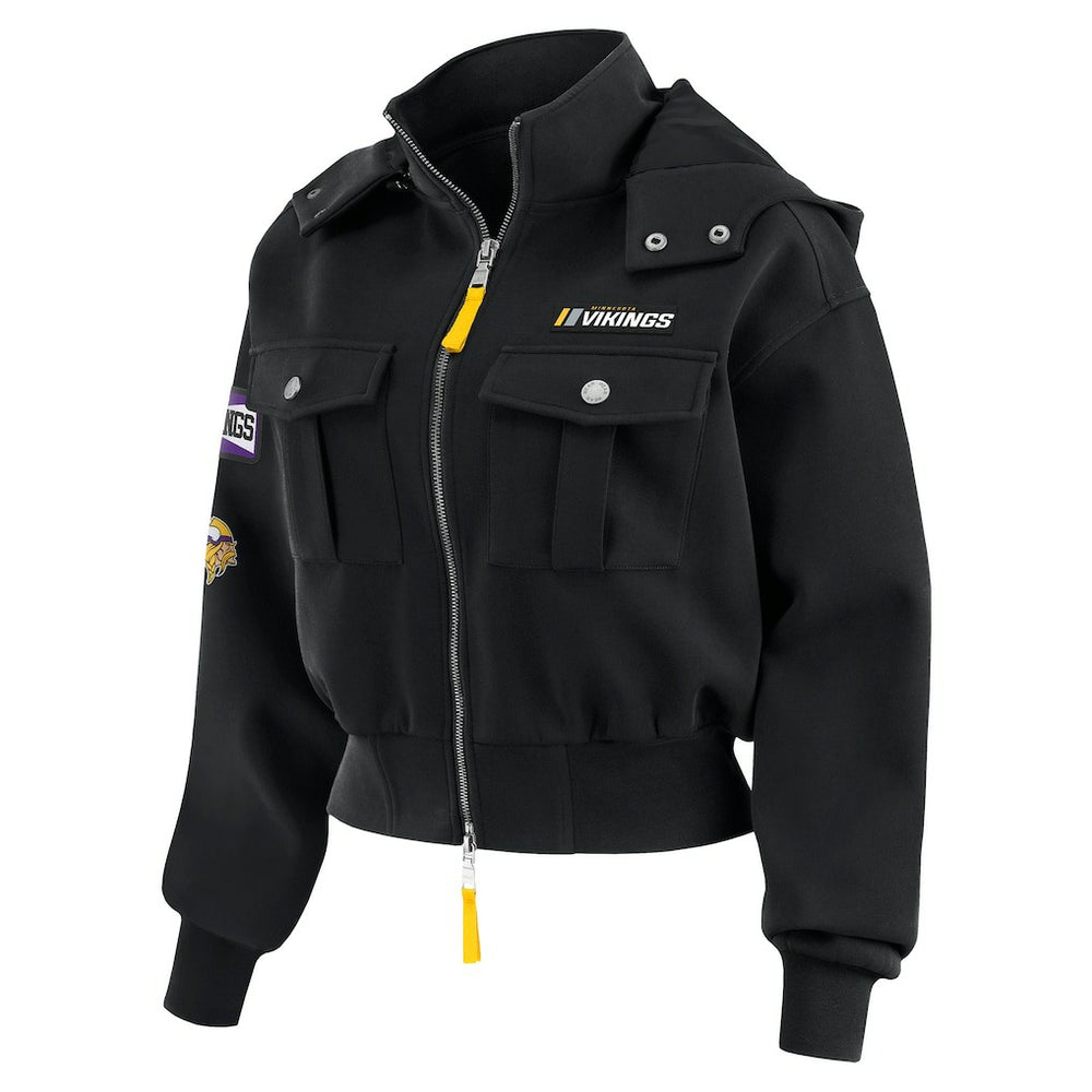 WEAR by Erin Andrews Women's Tri-Blend Patch Pocket Cropped Full-Zip Bomber Hoodie Jacket - Minnesota Vikings