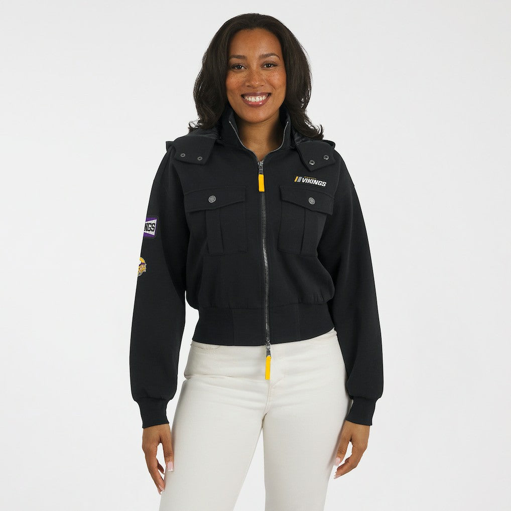 WEAR by Erin Andrews Women's Tri-Blend Patch Pocket Cropped Full-Zip Bomber Hoodie Jacket - Minnesota Vikings