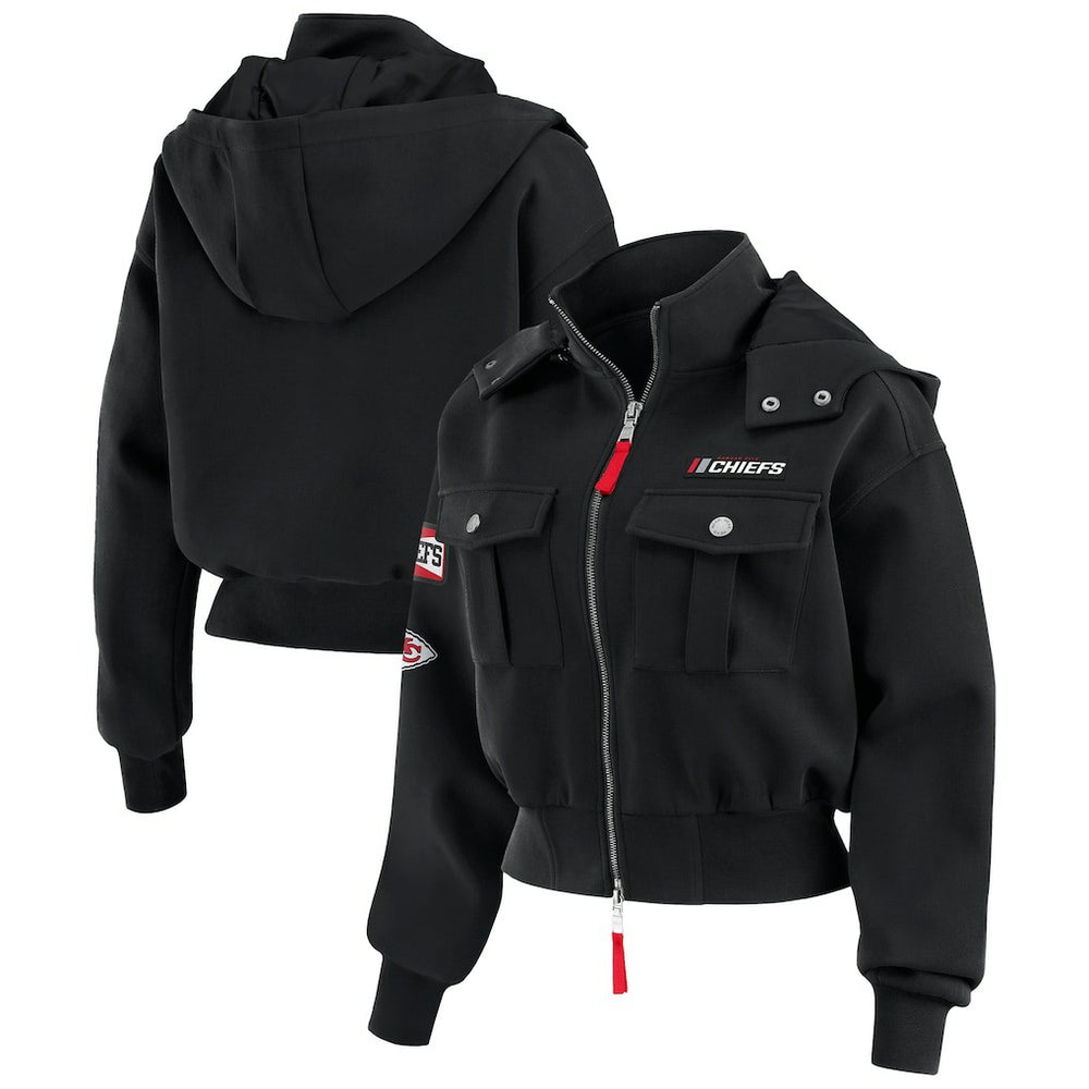 WEAR by Erin Andrews Women's Tri-Blend Patch Pocket Cropped Full-Zip Bomber Hoodie Jacket - Kansas City Chiefs