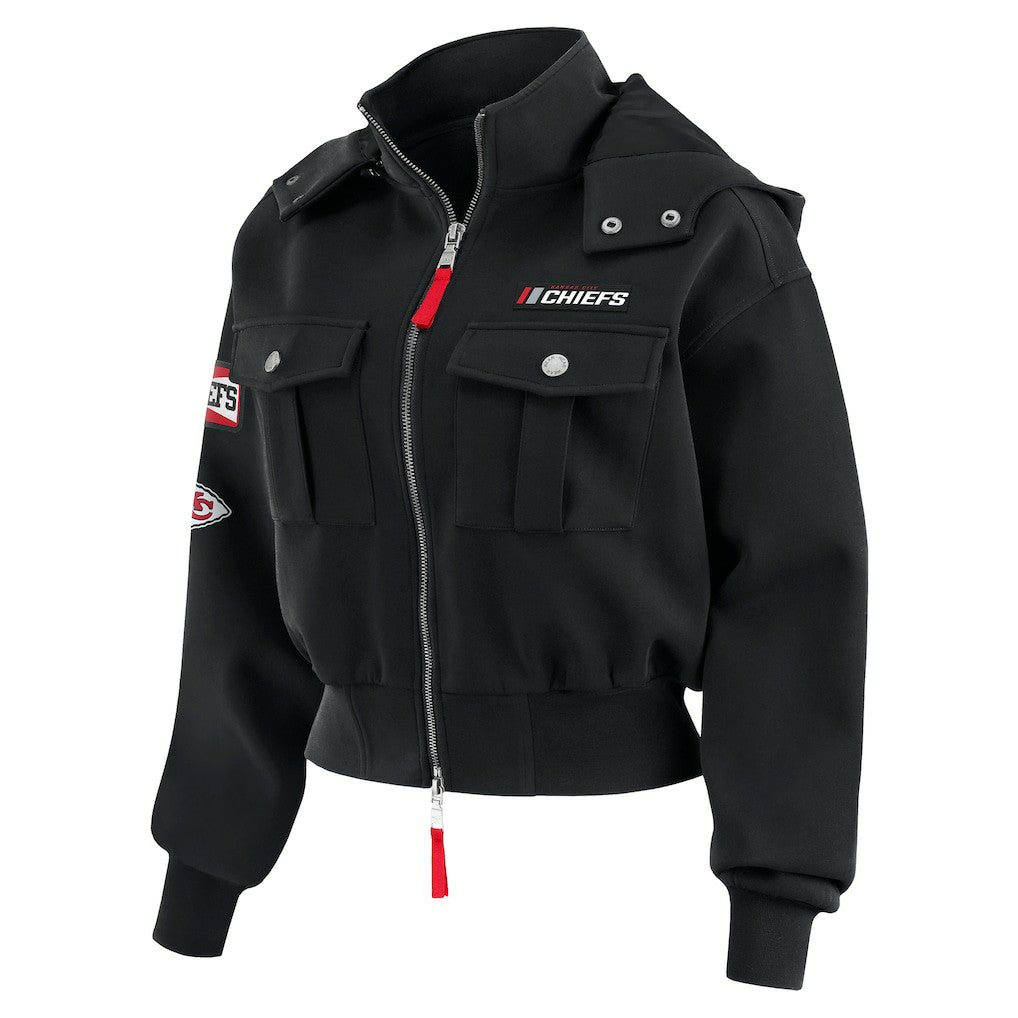 WEAR by Erin Andrews Women's Tri-Blend Patch Pocket Cropped Full-Zip Bomber Hoodie Jacket - Kansas City Chiefs