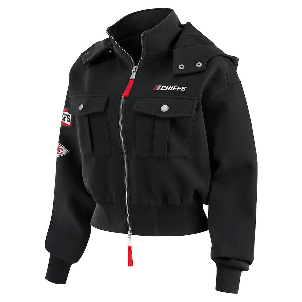 WEAR by Erin Andrews Women's Tri-Blend Patch Pocket Cropped Full-Zip Bomber Hoodie Jacket - Kansas City Chiefs