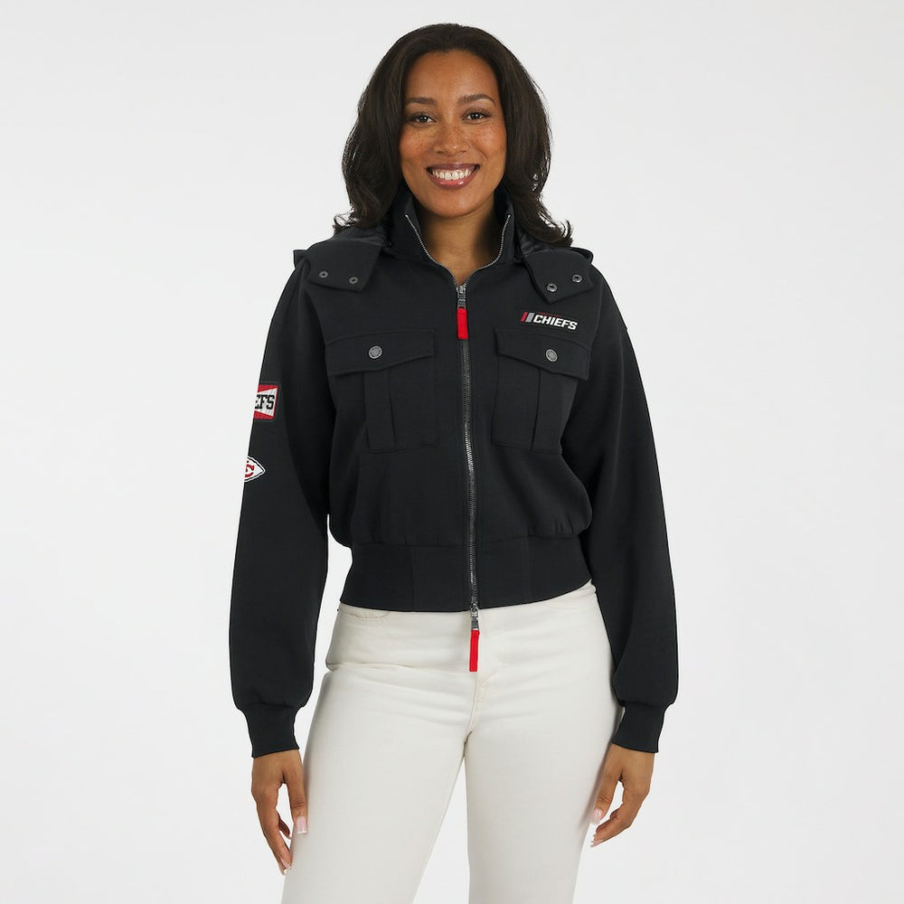 WEAR by Erin Andrews Women's Tri-Blend Patch Pocket Cropped Full-Zip Bomber Hoodie Jacket - Kansas City Chiefs