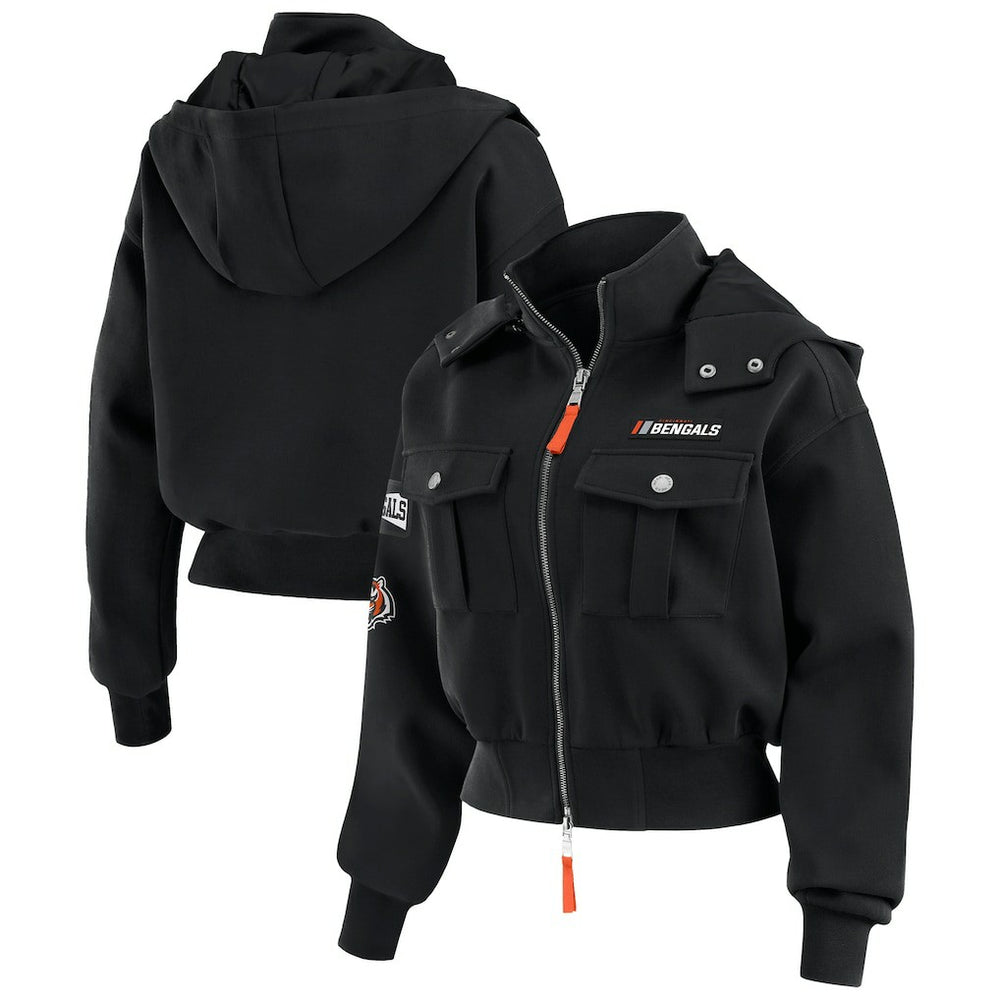 WEAR by Erin Andrews Women's Tri-Blend Patch Pocket Cropped Full-Zip Bomber Hoodie Jacket - Cincinnati Bengals
